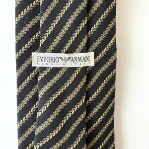 Emporio Armani Italy Black & Laurel Stripe Beige and Grey Neck Tie (3.75" Width)